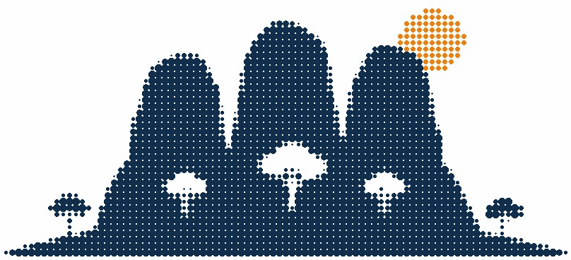 Halftone illustration of the Three Sisters in the Blue Mountains with a small orange sun above the peaks