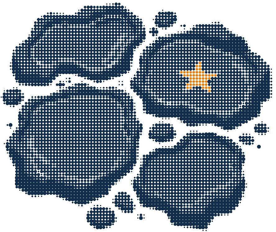 Halftone illustration of rock pools at low tide seen from above, one pool holding an orange starfish