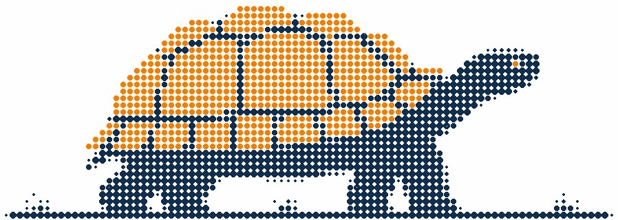 Halftone illustration of a tortoise walking across open ground, its domed shell in orange