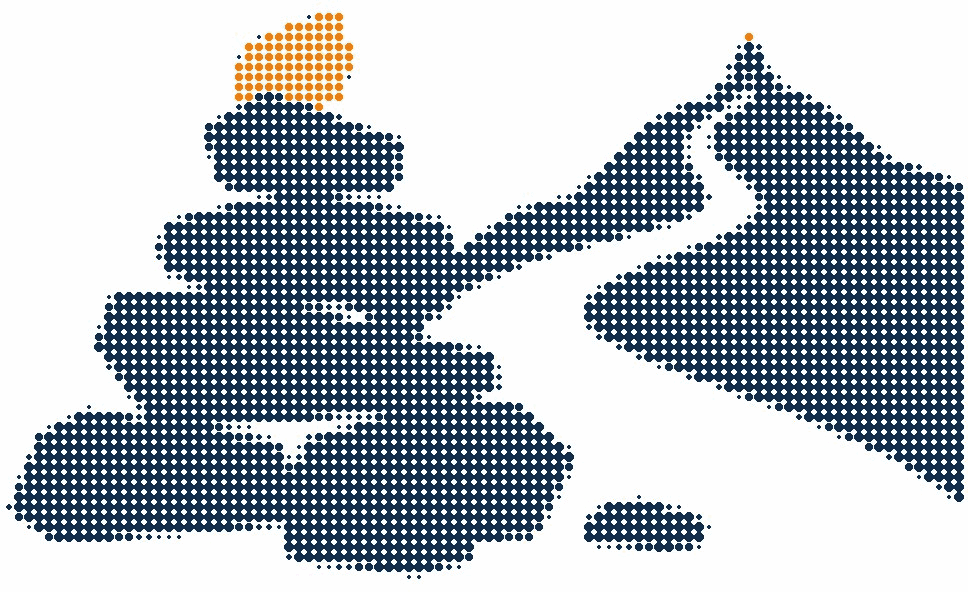 Halftone illustration of a stone cairn beside a mountain path, the next cairn visible on the ridge
