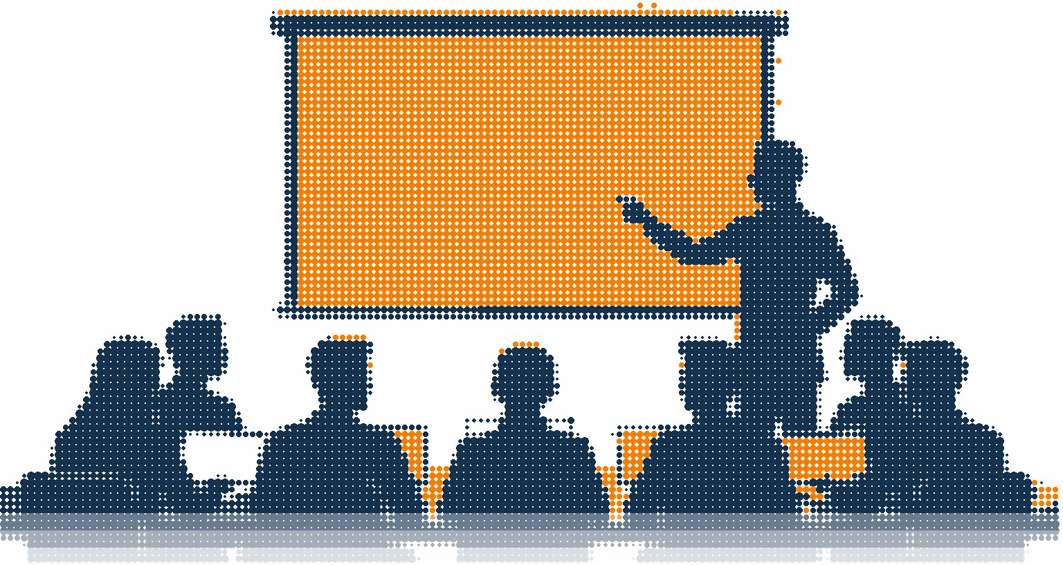 Halftone illustration of a trainer at a large screen with a seated class on laptops