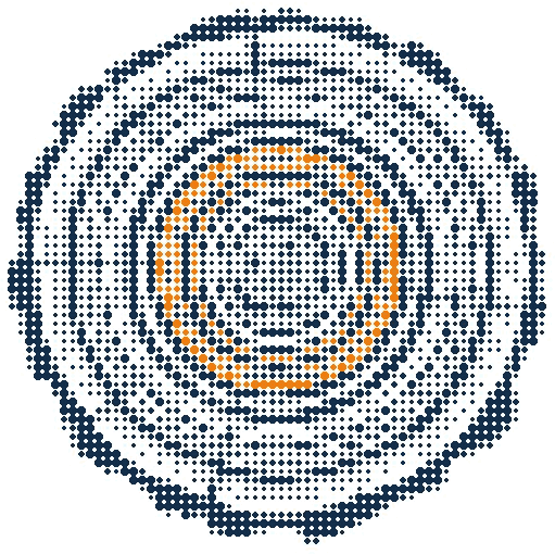 Halftone illustration of the growth rings of a felled trunk, one ring in orange