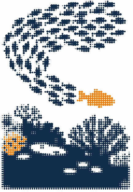 Halftone illustration of a school of fish turning together above a coral reef, one orange fish leading