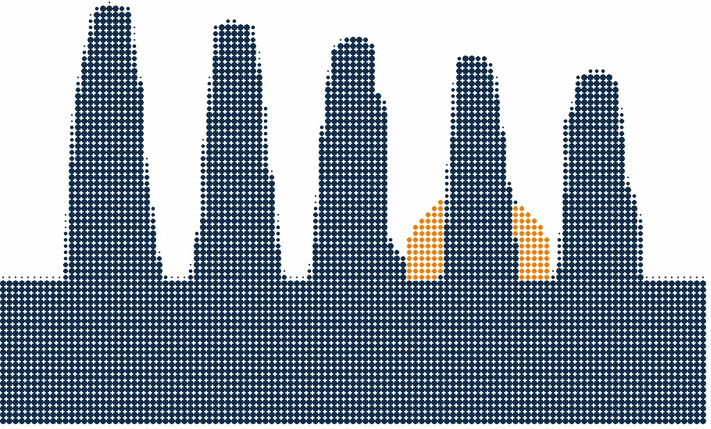 Halftone illustration of the Twelve Apostles sea stacks along the coast under an orange setting sun