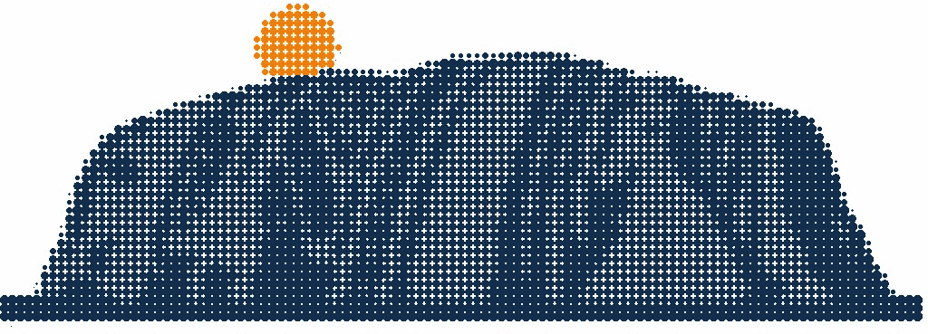 Halftone illustration of Uluru on the desert plain with an orange sun resting on its ridge