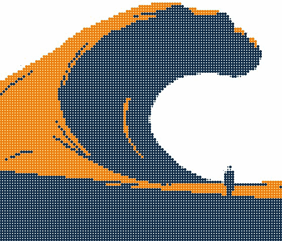 Halftone illustration of Wave Rock in Western Australia, its curling crest in orange and one small figure at its base