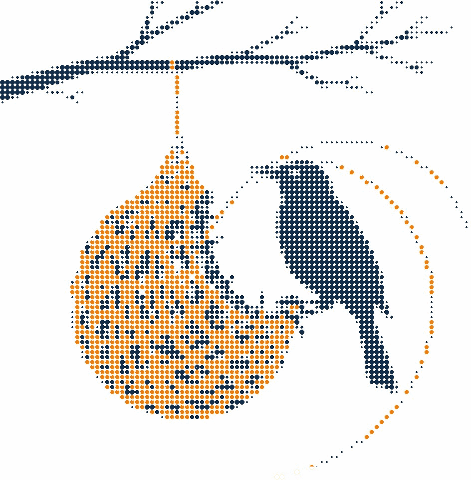 Halftone illustration of a weaver bird building a round woven nest that hangs from a thin branch