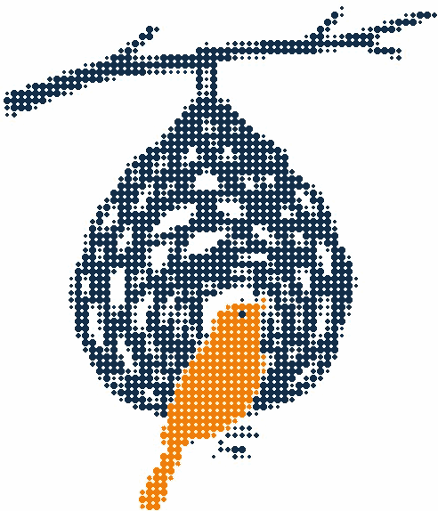 Halftone illustration of a weaver bird on its woven hanging nest, the bird in orange