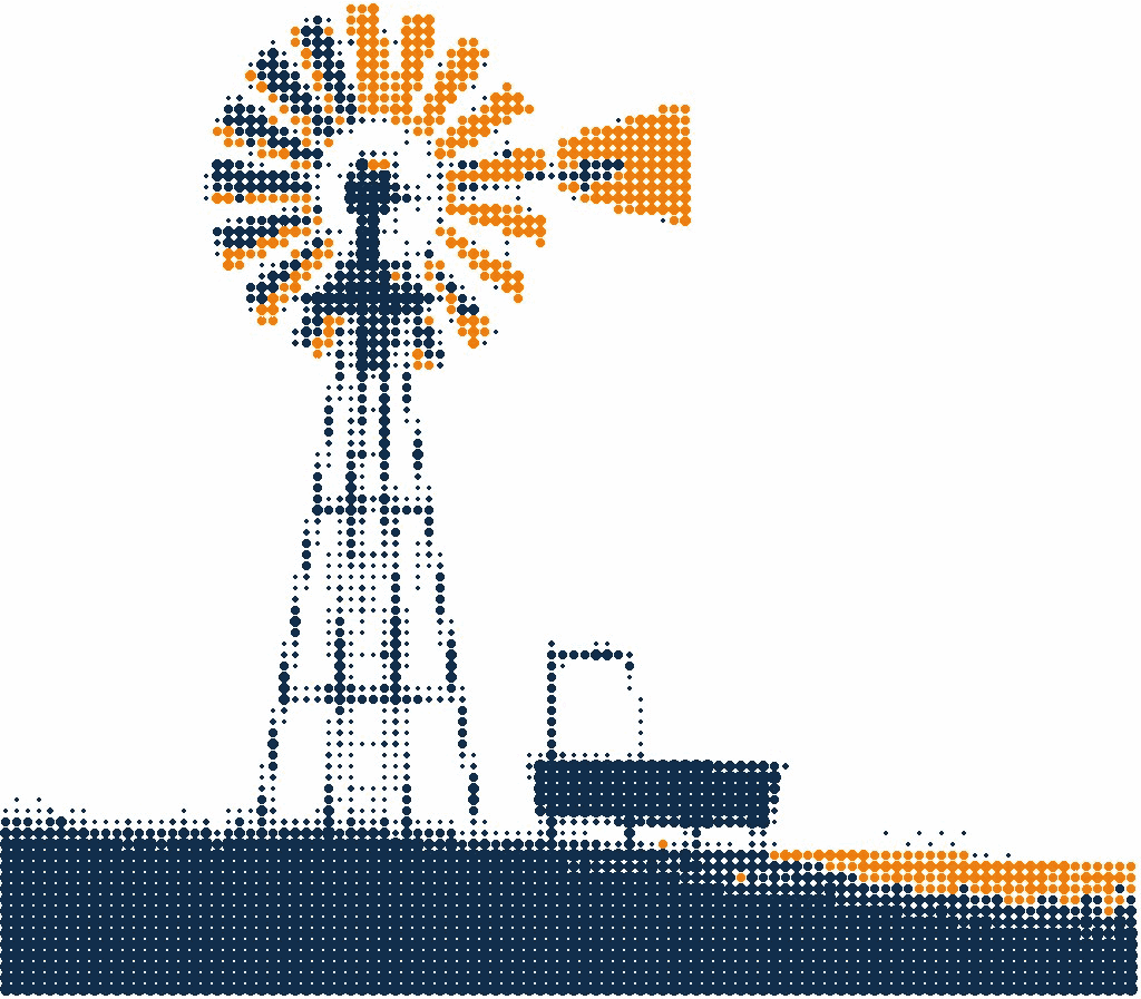 Halftone illustration of a farm wind pump on open grassland beside a water trough, its fan of blades in orange