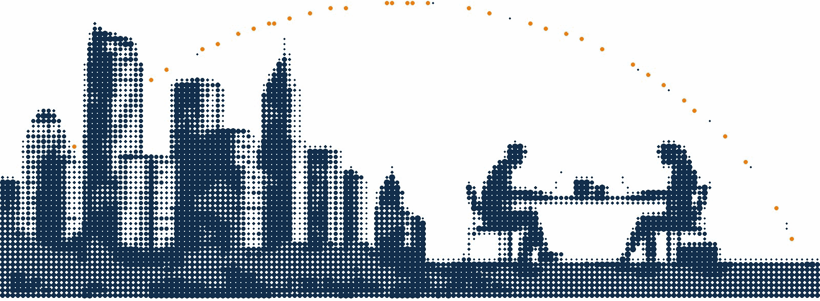 Halftone illustration of the Manila business district skyline beside two colleagues working at laptops, joined by an orange dotted arc